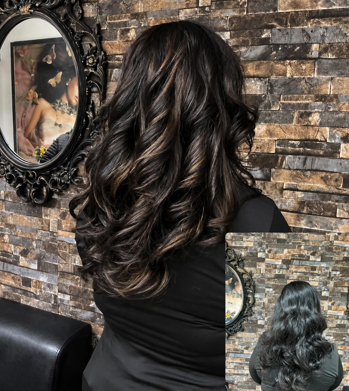 Cabelo moreno com mechas e ondas produzido no Donny's